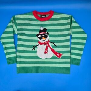 33 Degrees Womens Green‎ Striped Snowman Ugly Christmas Sweater Size S